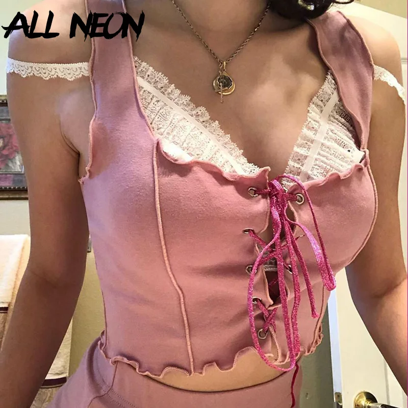 

ALLNeon Fashion Sweet Straped Matching Sets Women's Lace up Crop Tops and Slit Mini Skirts Sets Vintage E-girl 2 Piece Sets Cute