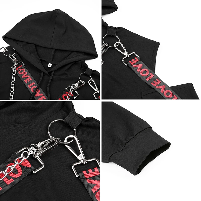  Rockmore Gothic Punk Style Hollow Out Hoodies Crop Top Women Hooded Sweatshirt Plus Size Hoodie Loo