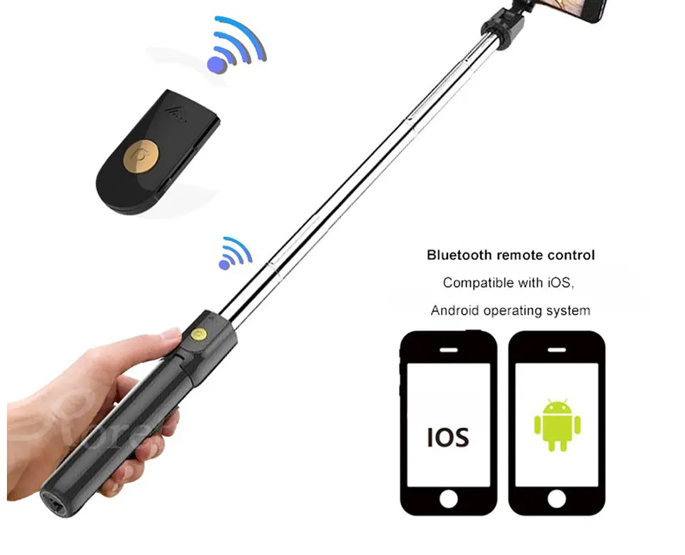 Roreta 3 en 1 sans fil Bluetooth Selfie bâton pliable Mini trépied extensible monopode avec télécommande pour iPhone IOS Android