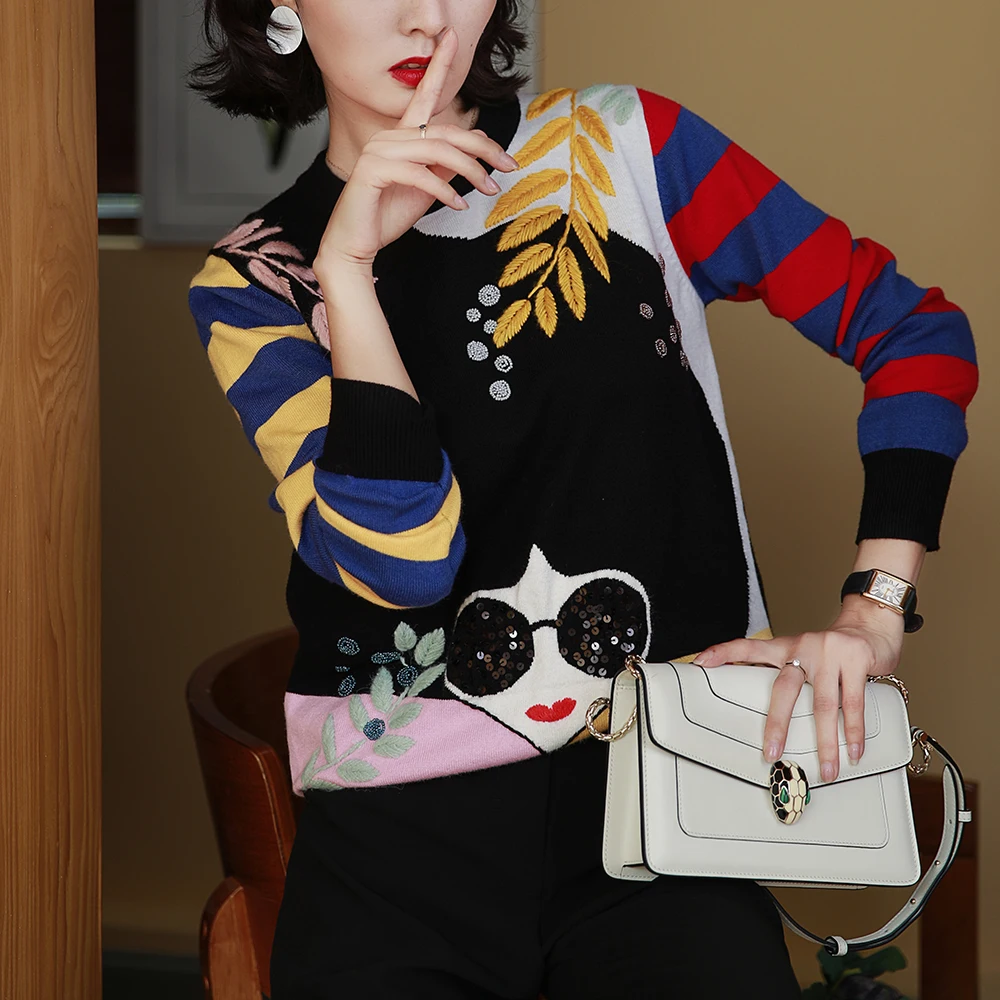 Online Winter Neue Kontrast Gestreiften Ärmel Stickerei Blätter Perlen Pailletten Sonnenbrille Mädchen Stricken Pullover C 331