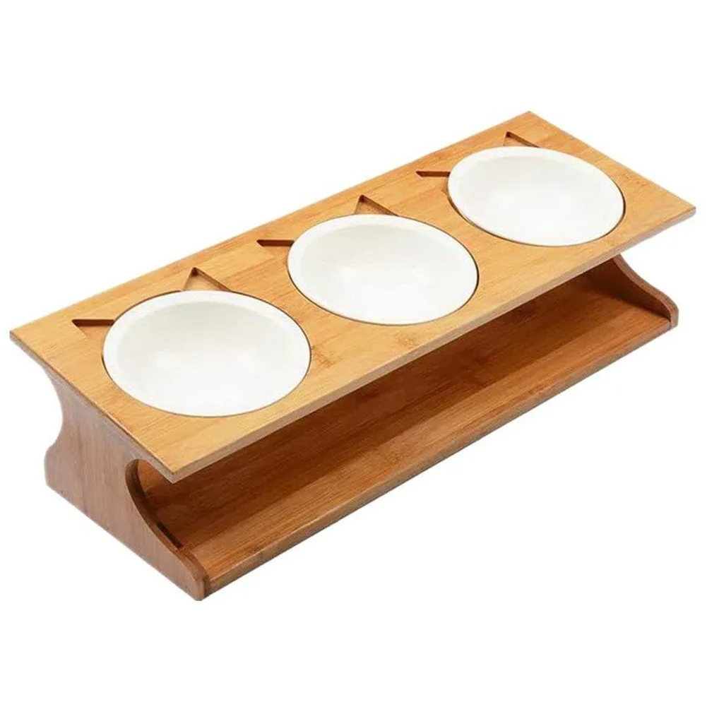 

Cat Raised Stand Bowl Pet Neck Care Feeder Adjustable Elevated Bamboo Dining Table Oblique Stand With Three Bowls For Puppy