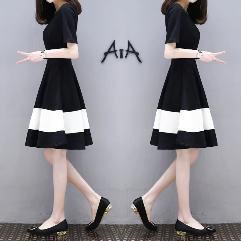 

2019 Summer New Style WOMEN'S Dress Korean-style Slimming Large Size Black And White Stitching Mid-length Fashion Elegant GIRL'S