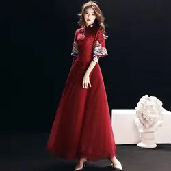 Красный китайский свадебный тост платье элегантное вечернее платье стоячий воротник свадебное платье с аппликацией длинное вечернее