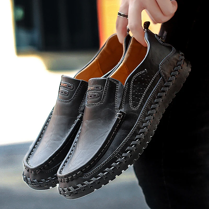 

Genuine Leather Men Casual Shoes Luxury Brand Mens Loafers handmade sewing Moccasins Breathable Slip on Black Formal Shoes a4