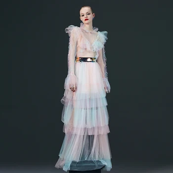 

New Year Festival Dress WOmen 2020Runway See Through Gradient Flare Sleeve Long Dress Multicolor Ball Gown Mesh Party Dress Z004