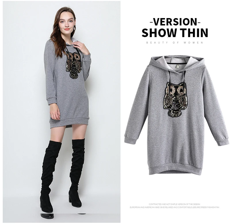 Осенне-зимнее плотное женское мини-платье больших размеров 5xl 4XL 3XL-l серое повседневное офисное платье с капюшоном и длинным рукавом с аппликацией vestidos robe