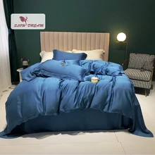 

SlowDream Women Noble Blue 100% Silk Bedding Set Healthy Beauty Duvet Cover Pillwocase Queen King Flat Sheet For Home Textiles