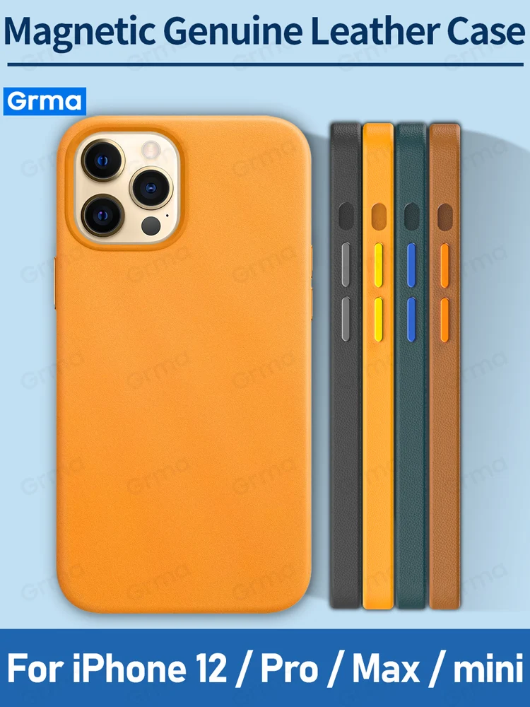 GRMA Original Magnetic Genuine Leather Black Cover for Apple iPhone 12 Pro Max Accessories Case iPhone 12 mini Shockproof Case
