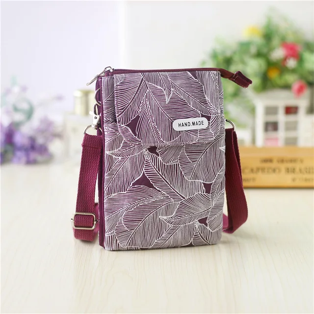 Women Leaf Large Screen Mobile Phone Bag  Capacity Canvas Messenger Bag Ladies Shoulder Bag 02