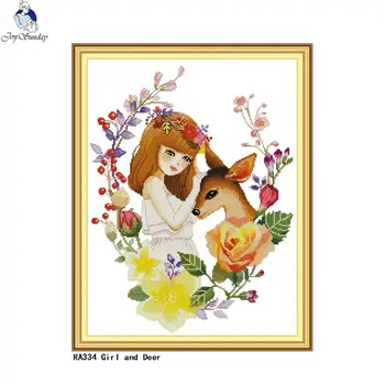 

JoySunday Girl with Deer Count Cross Stitch Kit 11ct 14ct Cross Stitch Wholesale DIY Characters Animal Embroidery Needlework Set