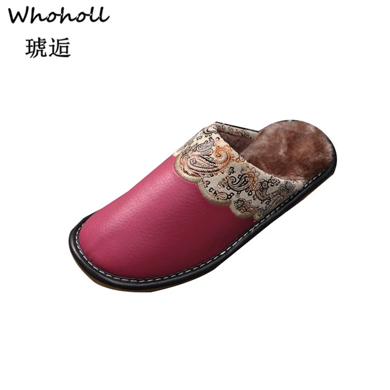

Whoholl Brand 2019 New Leather Slippers Women Sweet Ladies Winter Home Slippers Plus Size 40-46 Anti-dirty Indoor Female Slipper