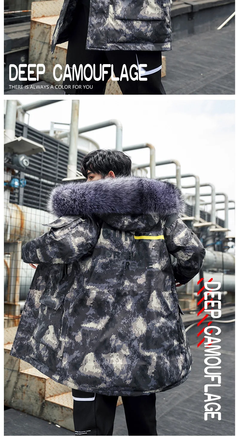 Г. Новое поступление, зимняя камуфляжная толстая пуховая куртка средней длины с большим меховым воротником для подростков одежда с хлопковой подкладкой Мужская 10341-688