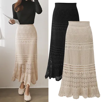 

Spring and autumn models high waist loose large size hook flower hollow knit half body bag hip mid-length skirt red