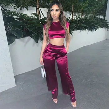 

BKLD Sexy Satin Two Piece Set Crop Top And Wide Leg Pants 2 Piece Set Women Clubwear Two Piece Tracksuit Black Outfits Satin Set