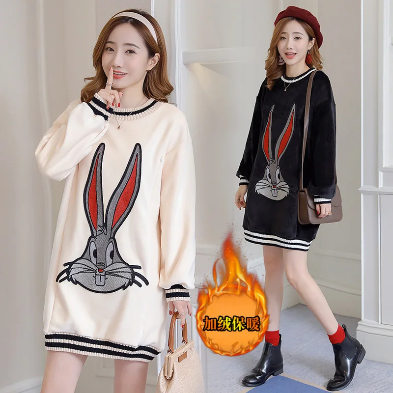 

2019 Pregnant Women Winter Gold Velvet Hoodie Embroidered Brushed And Thick Lactation Garment Dress
