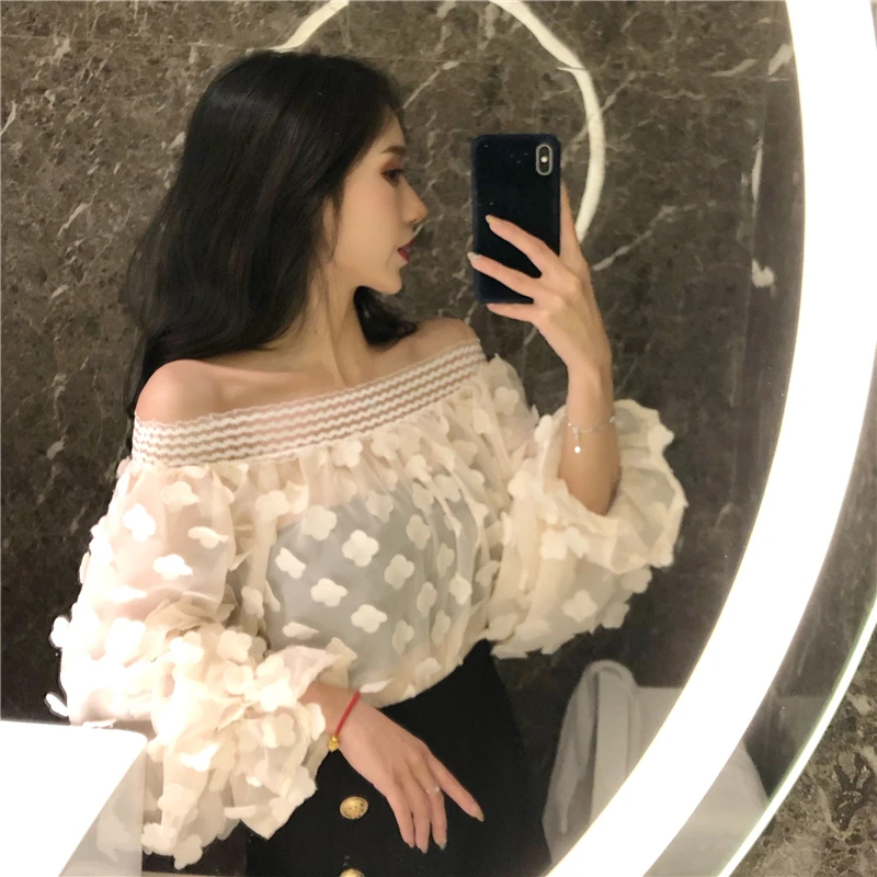 

flower appliques Women's Clothing thin Perspective slash neck flare sleeve Spring blusas mujer de moda women tops sexy shirts