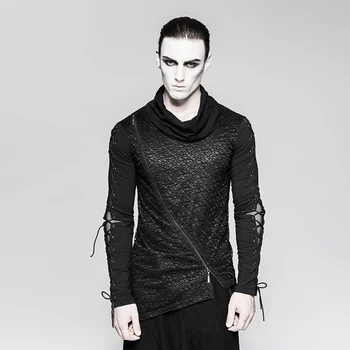 

PUNK RAVE Men's Gothic Dark Decadent Asymmetric Hem T-shirt Stretch Knit Mesh Personality High Neck Long Sleeve Men Top