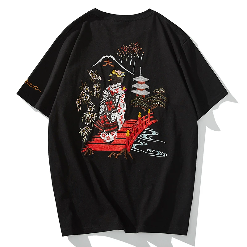 Japanese fashion brand embroidery skull flower queen cherry blossom Fuji short-sleeved T-shirt summer cotton bottoming shirt men 1