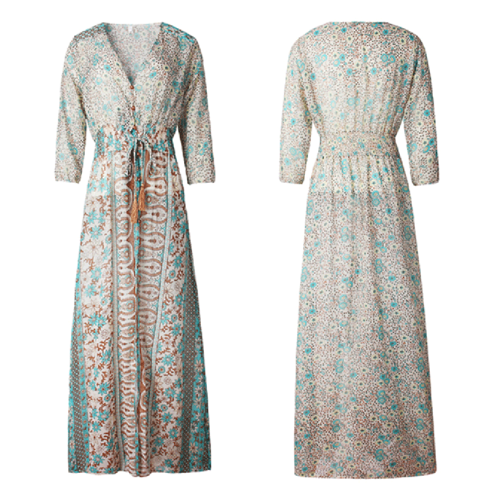Summer Dress Women Casual Floral Print Bohemian Printed Tight Waist V-Collar Chiffon Long Maxi Dress Summer Beach vestidos