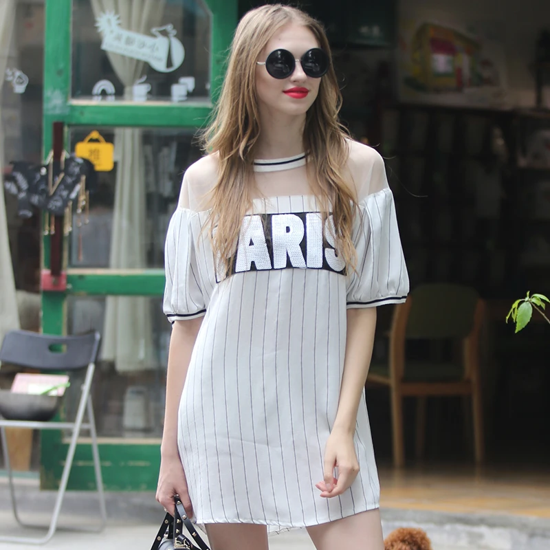 

2019 Summer Striped Casual shirt Long Tees Letters Baseball Tops For Women O neck see through Mesh patchwork one-piece Shirts