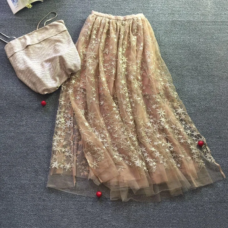 New Jing too beautiful too beautiful hot drill lateral split double gauze veil beautifully embroidered stars beading skirts