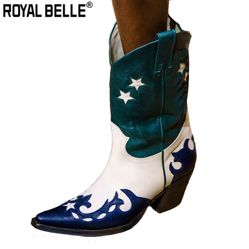 Royal Belle/женские ботильоны в стиле ретро с вышивкой в стиле вестерн; разноцветные ботинки из натуральной кожи для подиума; Botas Fenimina; ковбойские женские ботинки