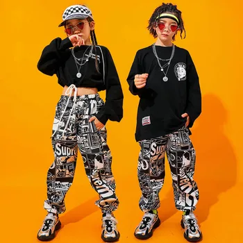 

Fashion Jazz Dance Costume Black Hiphop Street Dance Rave Outfit Kids Stage Performance Clothing Printing Practice Wear DC2744