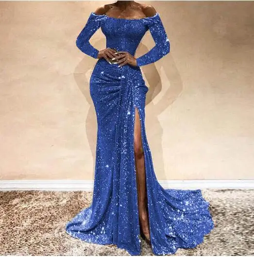 2022 Girls Sexy Boat Neck Off Shoulder Sequined Evening Gowns Side Split Mermaid Dress Long