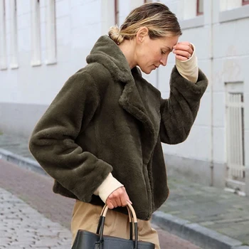 

Women Winter Fluffy Faux Rabbit Fur Coat Warm Solid Color Long Sleeve Short Slim Lapel Outerwear