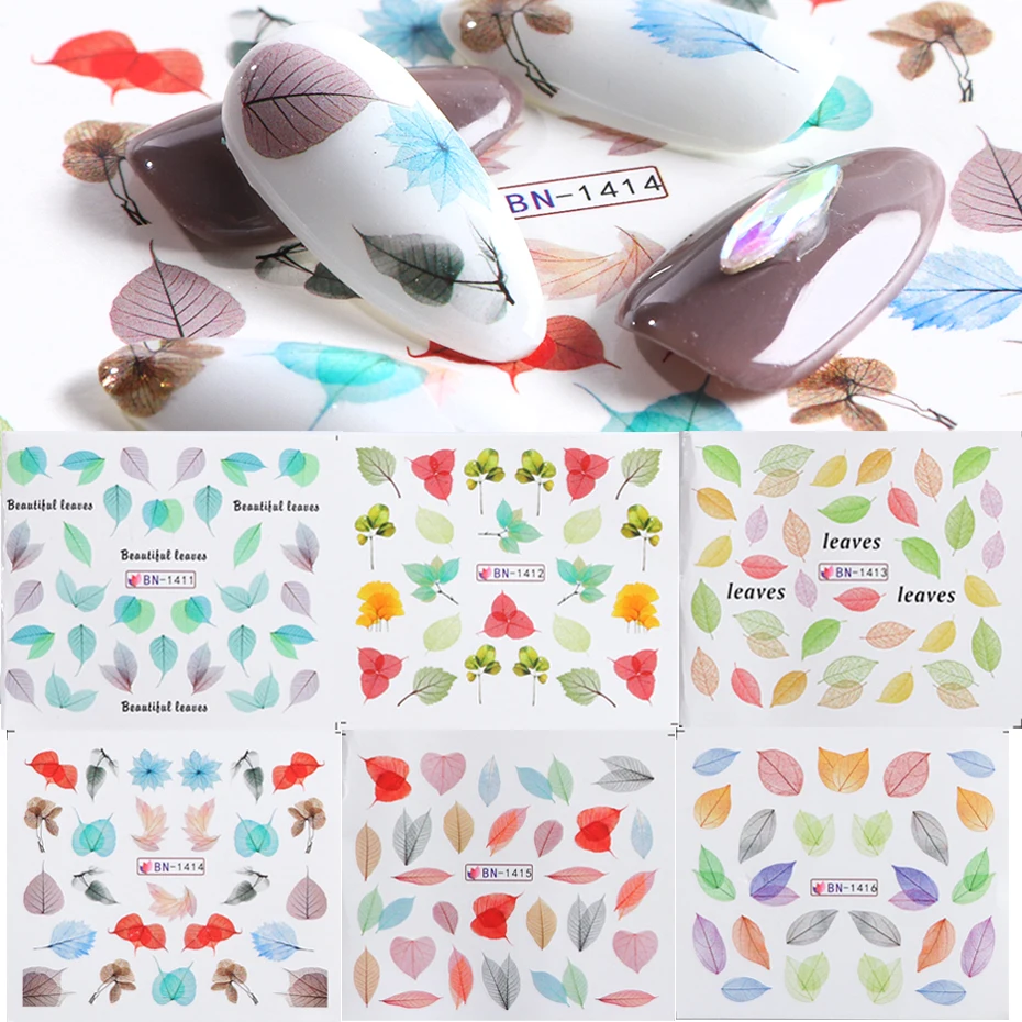 6 шт. наклейки на ногти с изображением осенних листьев переводные наклейки с водой для дизайна ногтей наклейки для маникюра Набор слайдеров LEBN1411-141