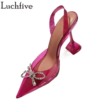 

PVC Clear Women Sandals Crystal Bowtie Shoes Woman Cup High Heels Slingbacks Pointy Toe Rose Red Party Shoes