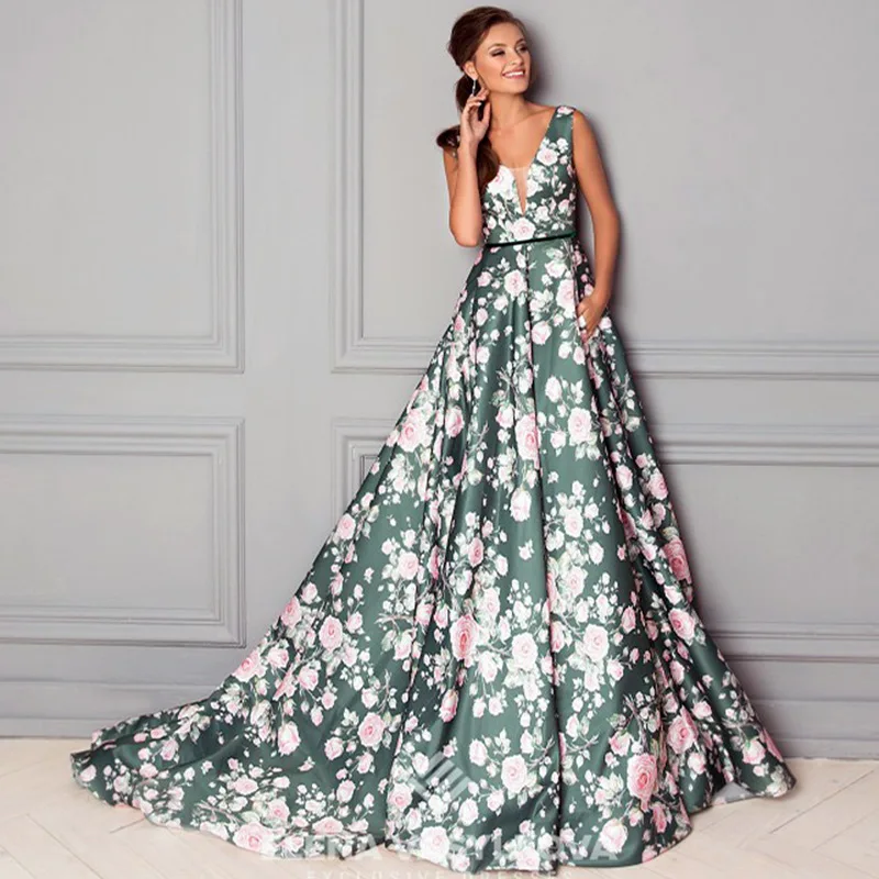 

Spring / summer 2020 new fashion print dress women's Bohemian print long dress with big swing knee length