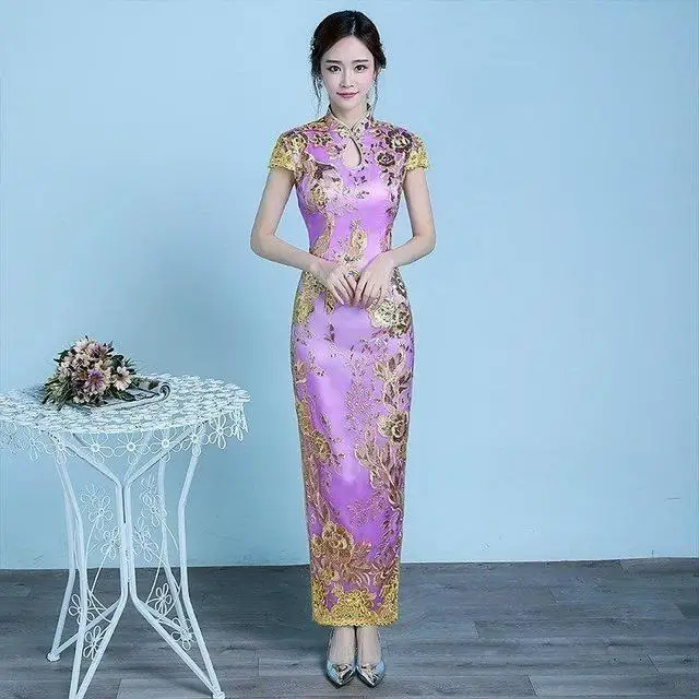 Восточное вечернее платье оверсайз китайский стиль женское элегантное Qipao сексуальное длинное платье ретро Vestidso блестки ярко-розовый Cheongsam - Цвет: Purple B