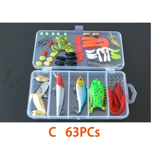 63PCs Kit Fishing Lure Bait Hooks Crankbait Frog Metal Spoon Worm Soft  Silicon Bait Jig Hooks