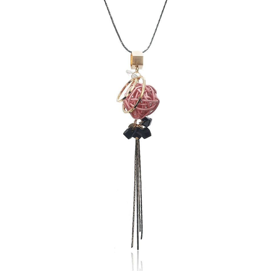 Женское Ожерелье из ротанга с шариками для женщин, длинное ожерелье с кисточками и подвесками, новые женские ювелирные изделия, Collare Mujer Collier Colar MX087 - Окраска металла: PINK