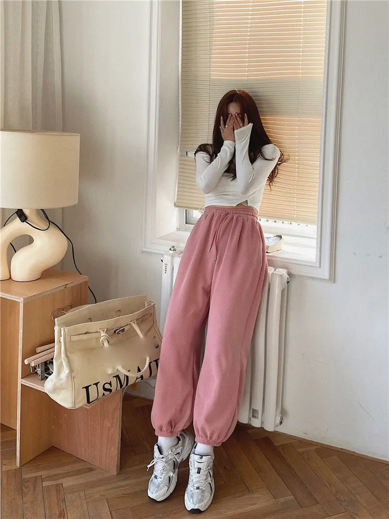 YUANYUANJYCO Autumn Spring Women Baggy Sport Harem Pants Korean Fashion Elastic High Waist Loose White Grey Black Trousers Woman track pants