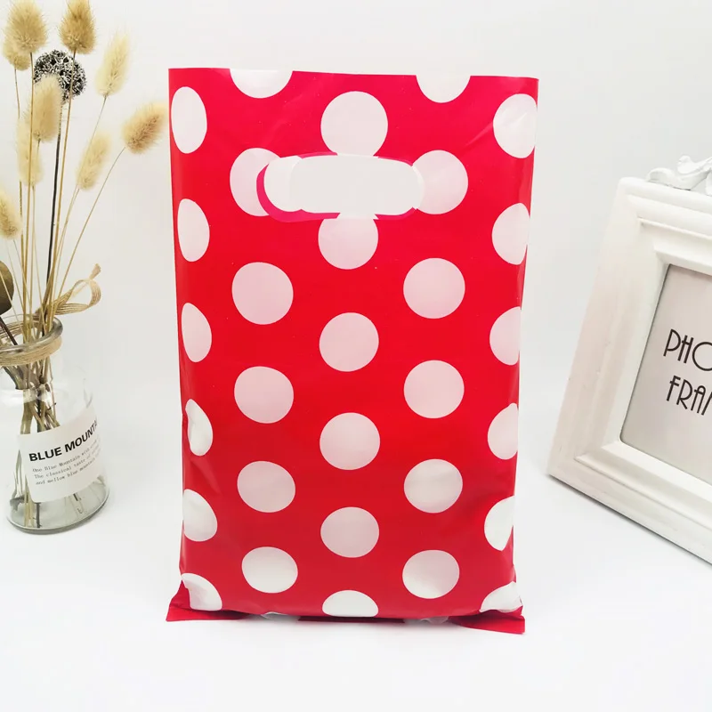 

50pcs Portable Red Dot Plastic Gift Bags Boutique Shopping Bags Makeup Gift Bags 20X30CM Plastic Gift Bags