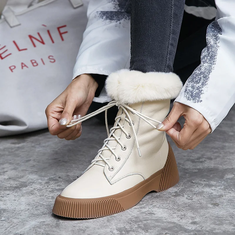 

Rex Rabbit Fur Snow Boots 2018 Autumn & Winter round-Toe Leather Short Boots Lace up Front Thick Bottomed Platform Boots Semi-hi