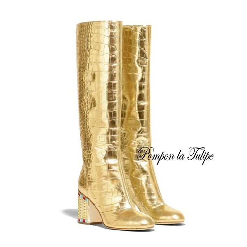 

ZZ 941118 Fancy Catwalk Pointed Toe Genuine Cow Leather Plush Golden 8CM High Heel Fashion Women Knee High Boots Women Shoes