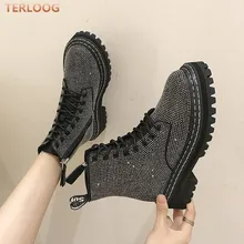 Зимние женские туфли-лодочки; модельные Ботинки martin; модные зимние ботинки на платформе со стразами, на шнуровке, с круглым носком, на среднем каблуке; botas; женская обувь; mujer; X963