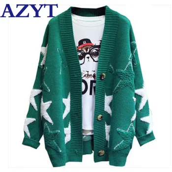 

AZYT Fashion Patchwork Star Embroidery Knit Sweater Cardigan Female Jacket 2020 Women New Loose V Neck Knitshirt Coat