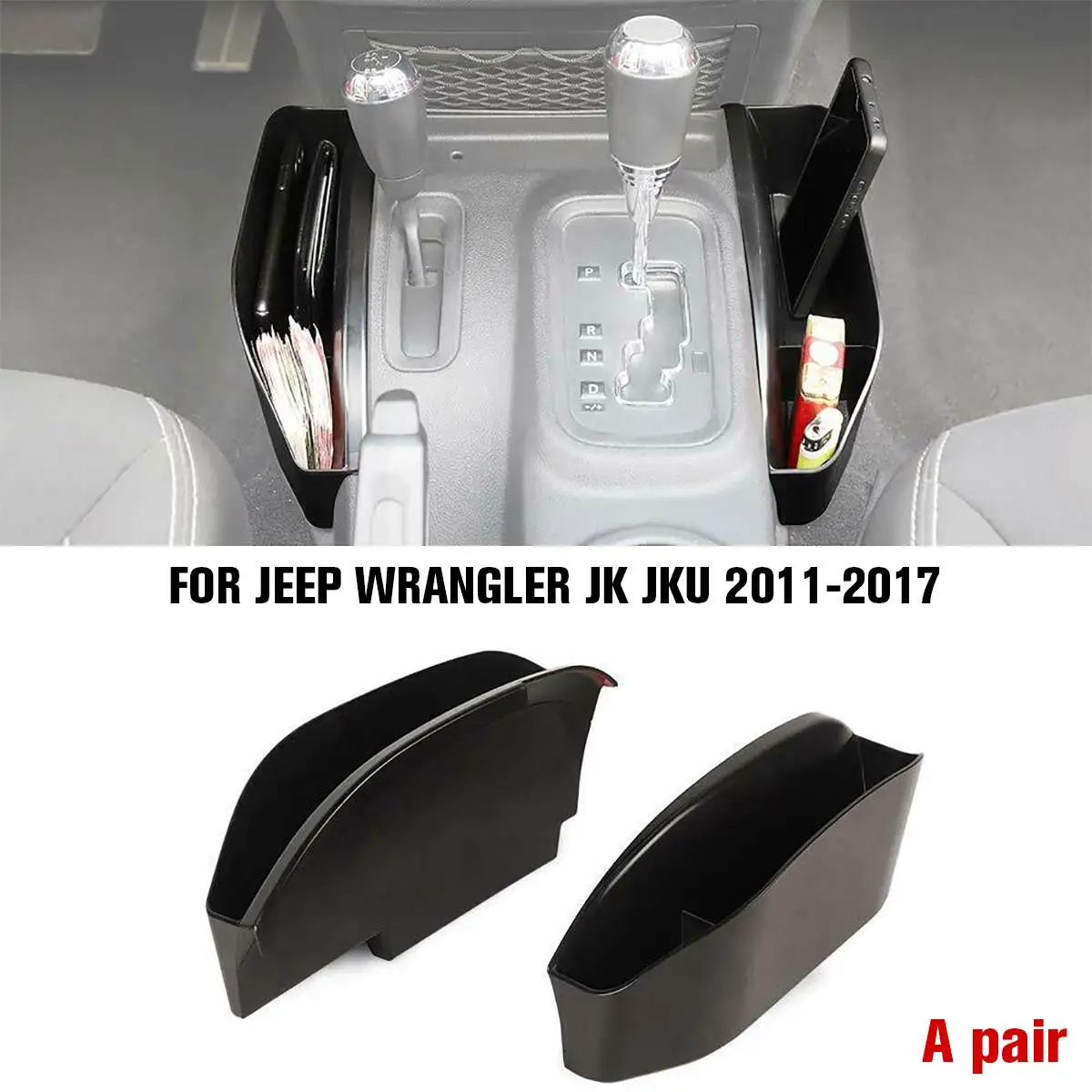 NEW 2Pcs Black ABS Gear Shift Side Console Storage Box Tray Holder For Jeep for Wrangler JK JKU 2011-2017