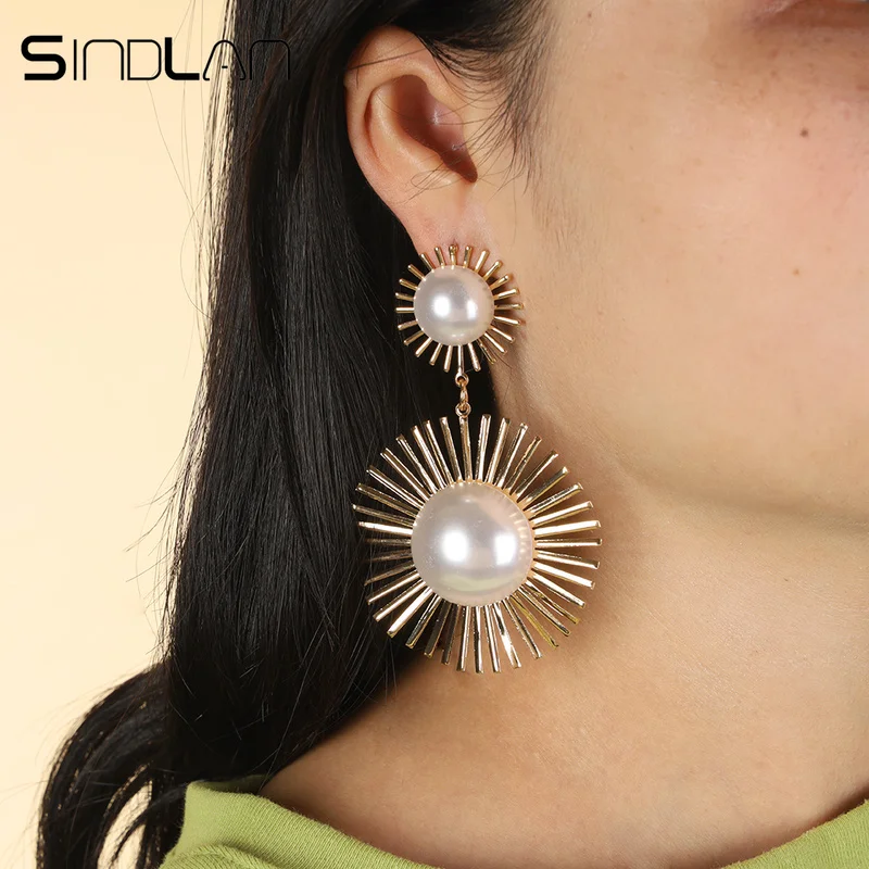 

Sindlan Exaggerate Big Pearl Flower Dangle Earrings for Women Large Luxury Statement Earrings Elegant Long Drop Lady Ear Jewelry