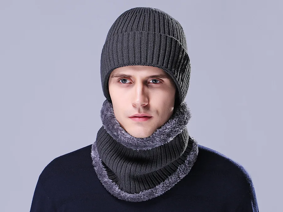 Зимние шапки для мужчин бини теплая вязаная шапка Skullies шапка шарф наборы с бархатными воротниками вязаная шапка модная ветрозащитная