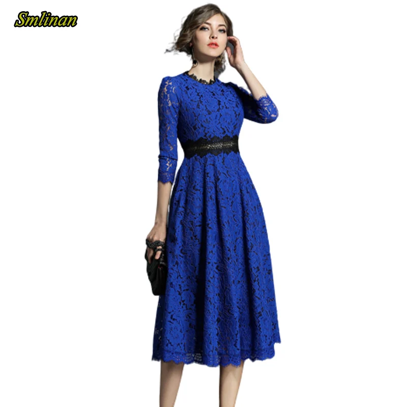 

Smlinan Plus Size 5xl Women Long Dress Spring Crochet Hollow Out Patchwork Lace Dress Elegant Vintage Evening Party Dresses