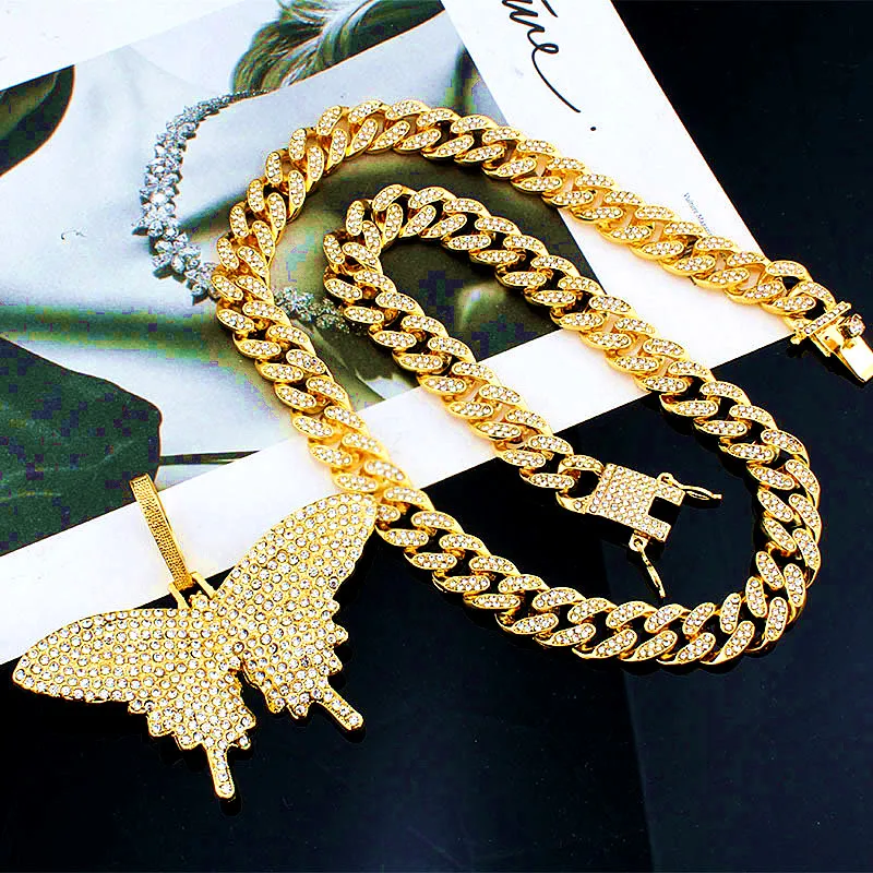 Hip Hop Pendant Necklace with 12mm Miami Cuban Chain Iced Out Bling Rapper Rock Butterfly Choker Necklace Men Male Charm Jewelry