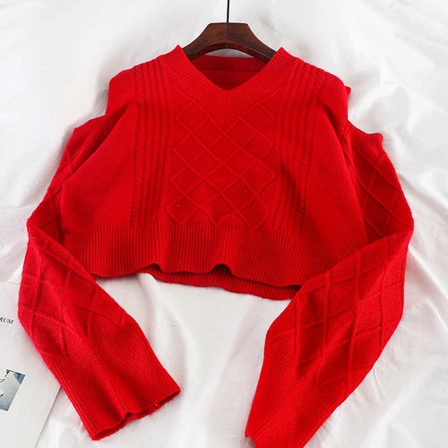 Neploe/ осенне-зимние женские вязаные пуловеры с длинным рукавом, Повседневный свитер, пуловеры с v-образным вырезом, без бретелек, трикотаж 54962 - Цвет: red