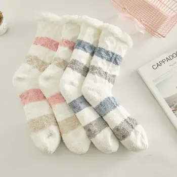 

Womens Winter Warm Candy Color Striped Coral Velvet Non Slip Fuzzy Slipper Socks