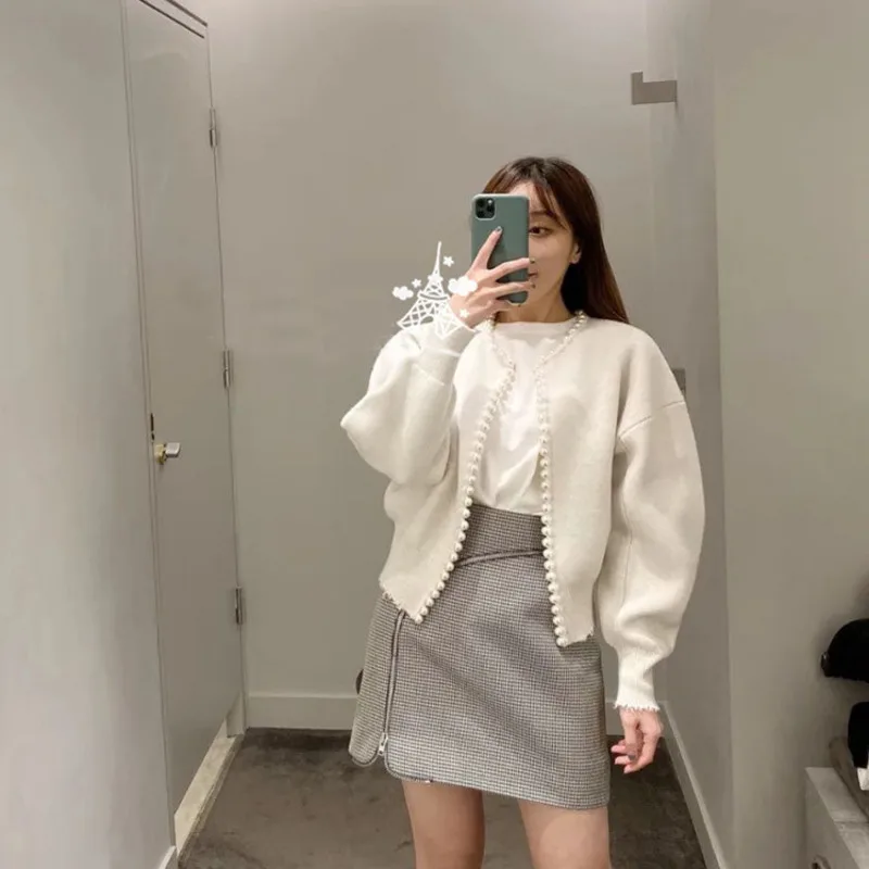 2020 New Fashion Korean Jackets Pearls Cardigan Batwing Sleeve Wool Knit Vintage Women's Coat High Quality Jacket AQ927