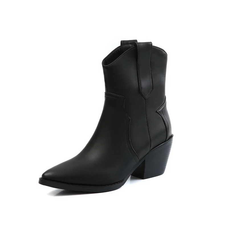 Plus Size 34-43 Slip-On Retro Black Booties Woman Winter Autumn Western Boots Women Fashion Ankle Cowboy Boots Shoes Woman